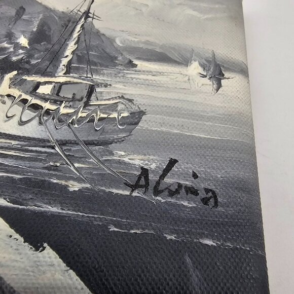 Vintage Painting Canvas Signed Small Water Scene Harbor Boat Landscape Grayscale - Picture 5 of 10